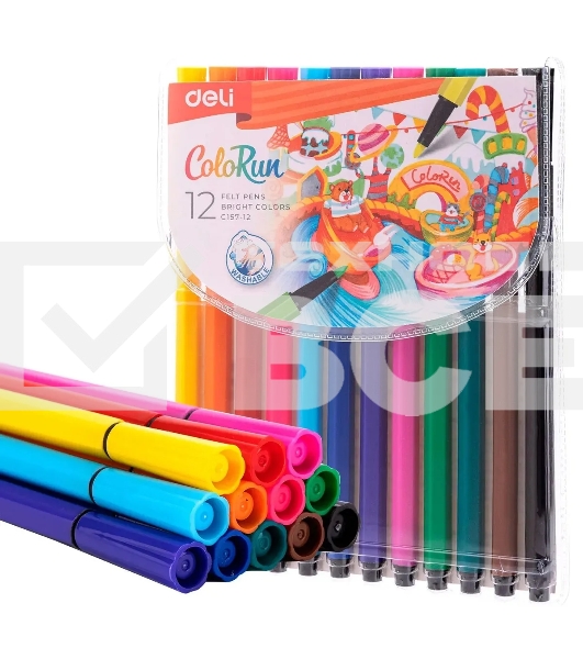 Фломастеры Deli EC157-12 12цв. пакет с европодвесом