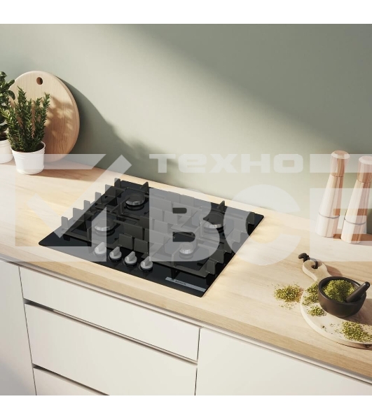 Поверхность газовая Bosch PNP6B6K40 Газ, 4.5х59x52 см, закаленное стекло, 4 конфорки, газ-контроль, автоподжиг, черный