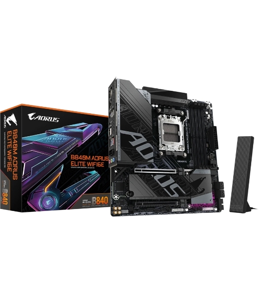 Материнская плата Gigabyte B840M AORUS ELITE WIFI6E, AM5, AMD B840, 4xDDR5, 4xSATA, 2xM.2, 1xPCIe 4.0 x16, 1xPCIe 3.0 x16, 1xHDMI, 1xDP, 1x2.5Gb LAN, Wi-Fi 6E, Bluetooth 5.3, 1xUSB-C 10Gbps, 1xUSB-C 5Gbps, 2xUSB-A 10Gbps, 2xUSB-A 5Gbps, 4xUSB-A 2.0, 1xPS/2, 3x3.5 мм, 7.1, mATX