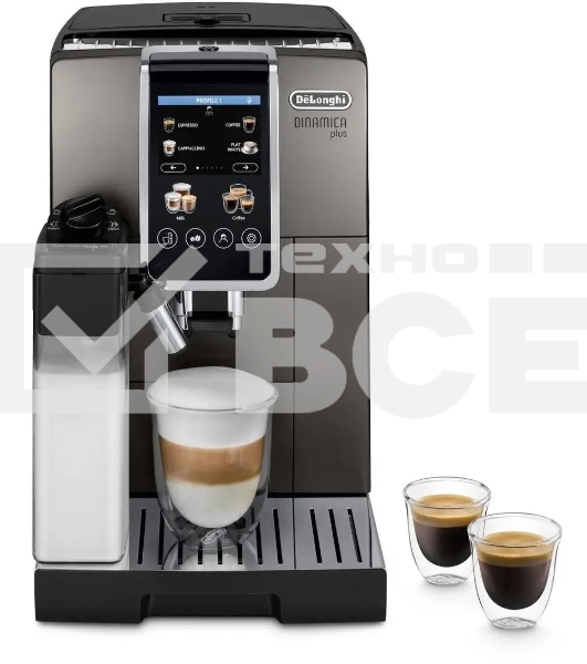 Кофемашина автоматическая DeLonghi Dinamica Plus ECAM380.95.TB черный/серый, исп. кофе - зерновой/молотый, 1.8 л, 1450 Вт, 15 Бар.