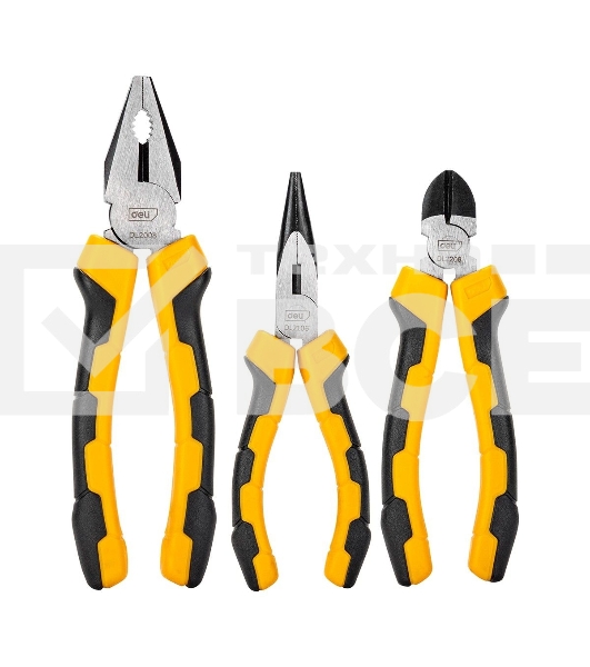 Набор плоскогубцев Deli DL2008-3 8-дюймовые комбинированные плоскогубцы, 6-дюймовые длинногубцы, 6-дюймовые диагональные плоскогубцы. Высокоуглеродистая сталь. Двухкомпонентная ручка.