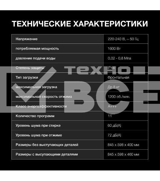 Стиральная машина Hyundai WME8215 класс: A загр.фронтальная макс.:8кг белый инвертер