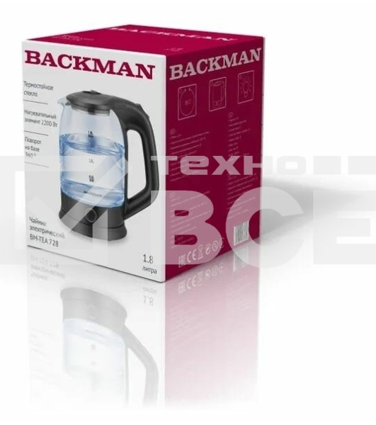 Чайник электрический BACKMAN BM-TEA 728 1.8 л, 2200 Вт, черный