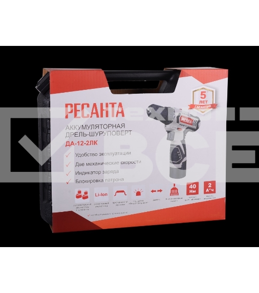 Дрель-шуруповерт Ресанта ДА-12-2ЛК 75/14/2, Аккумуляторная, 12В, 2 АКБ, Кейс