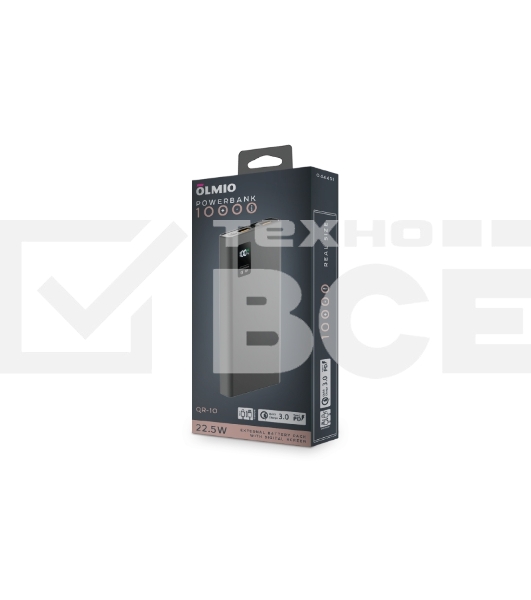 Портативный аккумулятор OLMIO QR-10, 10000mAh, 22.5W, QuickCharge3.0/PowerDelivery, LCD, серый