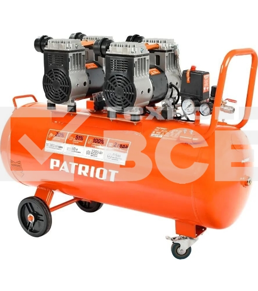 Компрессор Patriot поршневой безмасляный WO 80-360, 360 л/мин, 8 бар, 2200 Вт, 80 л, быстросъем и 
