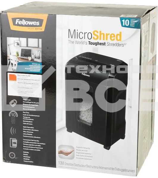 Шредер Fellowes Powershred 10M FS-4630601{DIN P-5, 2х15мм, 10лст., 19лтр., Safety Lock}, с микрорезкой
