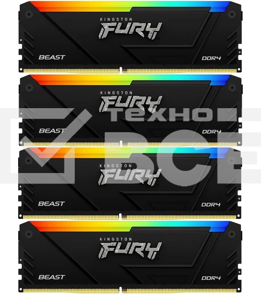 Оперативная память Kingston Fury Beast, DDR4, 64GB (4x16GB), 3200MHz, CL16, с радиатором, RGB, черный