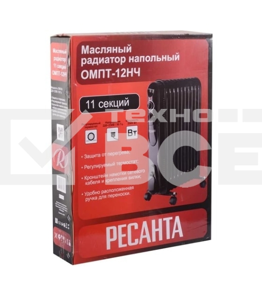 Масляный обогреватель Ресанта ОМПТ-12НЧ (11 секций) черный, 2500 Вт, 30 м2, термостат 67/3/15