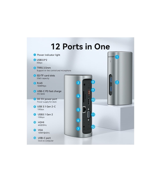 Док-станция Vention TPJH0-EU, USB Type-C, HDMI/VGA/USB/RJ45/SD/3.5мм/PD/DC, USB Type-C