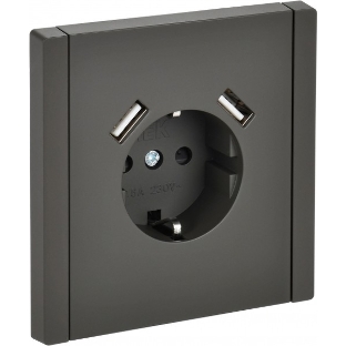 Розетка IEK FORTE&PIANO FP345 1-местная с заземлением с защитными шторками винтовое крепление 16А USB A+A 3,1А серый
