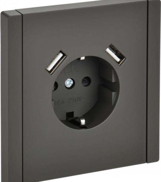 Розетка IEK FORTE&PIANO FP345 1-местная с заземлением с защитными шторками винтовое крепление 16А USB A+A 3,1А серый