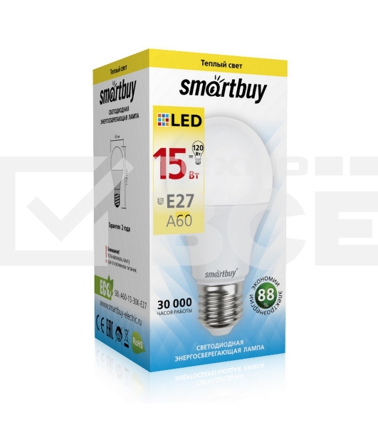 Светодиодная (LED) лампа Smartbuy A60-15W/3000/E27