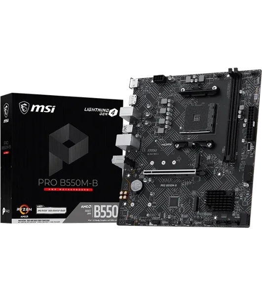 Материнская плата MSI PRO B550M-B, AM4, AMD B550, 2xDDR4 (до 64 ГБ), 4xSATA, 2xM.2 (PCIe 4.0/3.0), 1xPCIe 4.0 x16, 1xPCIe x1, 1xHDMI, 1xDP, 1x1Gb LAN, 4xUSB-A 5Gbps, 2xUSB-A 2.0, 1xPS/2, 3x3.5 мм, 7.1, чёрный, mATX