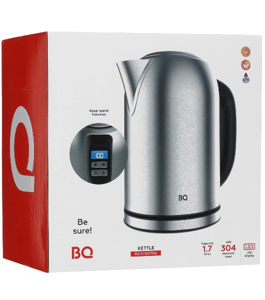 Электрочайник BQ KT1827SW черный/серебристый, 1.7 л, 2200 Вт, скрытый нагревательный элемент