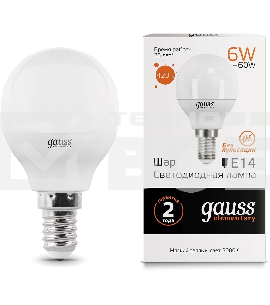 Лампа светодиодная Gauss Elementary 6Вт цок.:E14 шар 220B 3000K св.свеч.бел.теп. (упак.:10шт) (53116)