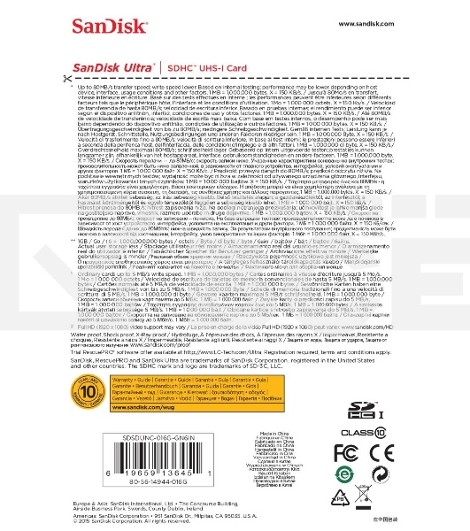 Флеш карта SDHC 16Gb Class10 Sandisk SDSDUNC-016G-GN6IN Ultra 80