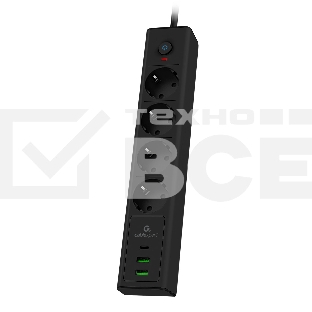 Сетевой фильтр Cablexpert Exnovo, EXN-4-CU2-B-2, 4р,16А, 1xType-C PD, 30Вт, 2хUSB, 2м, ур.защиты 4+, черный, коробка