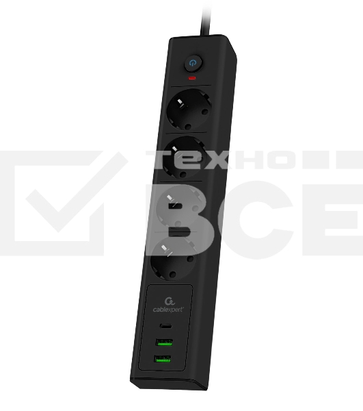 Сетевой фильтр Cablexpert Exnovo, EXN-4-CU2-B-2, 4р,16А, 1xType-C PD, 30Вт, 2хUSB, 2м, ур.защиты 4+, черный, коробка