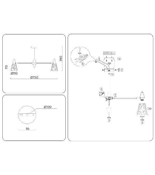 Люстра Ambrella light LH58116/7 BK/LW/SM черный/светлое дерево/дымчатый E14*7 max 40W D750*390