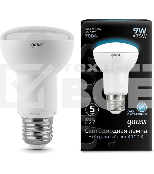 Лампа светодиодная Gauss R63 9Вт цок.:E27 рефлектор 220B 4100K св.свеч.бел.ней. (упак.:10шт) (106002209)