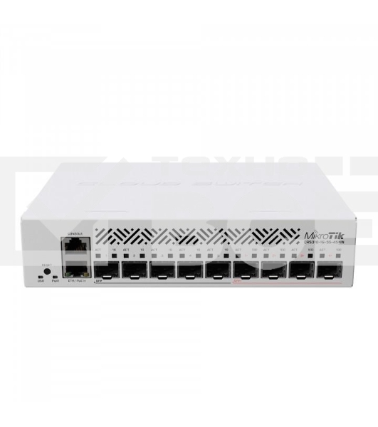 Коммутатор MikroTik Cloud Router Switch CRS310-1G-5S-4S+IN with 800 MHz CPU, 256 MB RAM, 4xSFP+, 5xSFP cages, 1xGBit LAN port, RouterOS L5, desktop case, rackmount ears, PSU