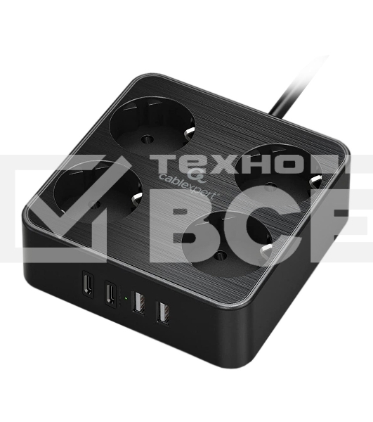 Сетевой фильтр Cablexpert Plate, PLT-4-C2U2-B-2, 4р, 10А, 2xType-C PD, 20Вт, 2xUSB, 2.4A, 2м, ур.защиты 4+, черный, коробка