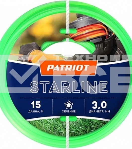 Леска для триммеров PATRIOT Starline D 3,0мм L 15мзвезда, зеленая 300-15-3Арт. 805201066