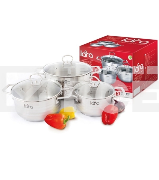 Набор посуды LARA LR02-81 Standart 6пр. LR02-81 Набор посуды LARA Standart (2.3 л + 4.5 л + 5.7 л) капсулированное индукционное дно, крышки