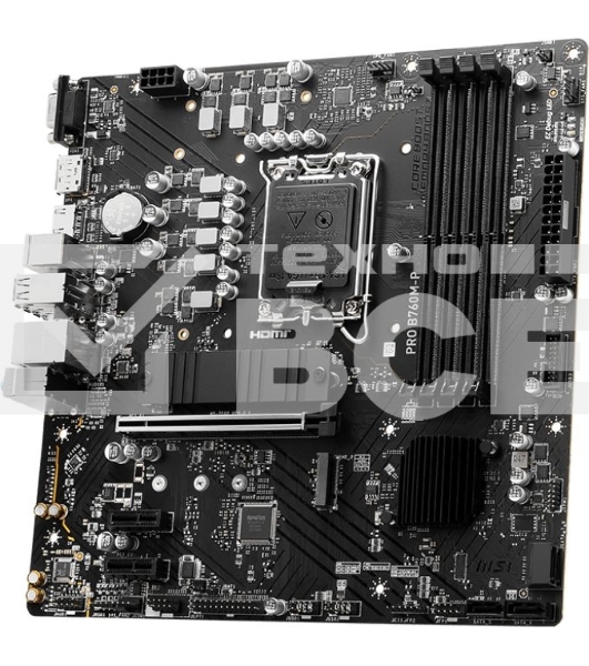 Материнская плата MSI PRO B760M-P DDR5, LGA 1700, Intel B760, 4xDDR5, 4xSATA, 2xM.2, 1xPCIe 4.0 x16, 2xPCIe 3.0 x1, 1xHDMI, 1xDP, 1xVGA, 1x1Gb LAN, 4xUSB-A 2.0, 1xUSB-A 3.2 Gen 1, 1xUSB-C 3.2 Gen 2, 3x3.5 мм, 7.1, mATX