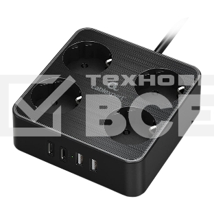 Сетевой фильтр Cablexpert Plate, PLT-4-C2U2-B-3, 4р, 10А, 2xType-C PD, 20Вт, 2xUSB, 2.4A, 3м, ур.защиты 4+, черный, коробка