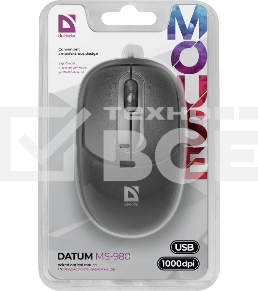 Мышь проводная Defender Datum MS-980 черный, 1000 dpi, USB, кнопки - 3