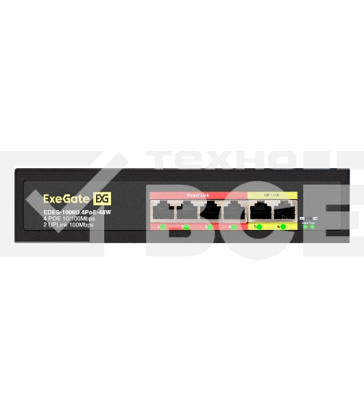 Коммутатор неуправляемый ExeGate EDES-1006D.4PoE-48W (6-портовый UTP 10/100 Base-Tx: 4 порта 802.3af (PoE), мощность PoE: 25W, суммарно 48W, 2 порта RJ45 uplink, настенный/настольный, металлический корпус)