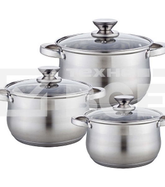 Набор посуды WEBBER BE-615/6 из нерж.стали 6 пр. 2,9 л, 5,1 л, 6,6 л со стеклянными крышками В наборе 6 предметов: кастрюля со стеклянной крышкой 18х11,5 см; 2,9 л кастрюля со стеклянной крышкой 22х13,5 см; 5,1 л кастрюля со стеклянной крышкой 24х14,5 см;