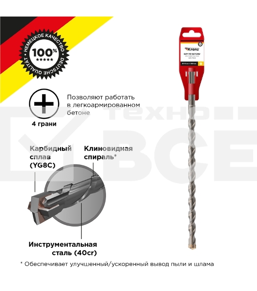 Бур по бетону 12x260x200 мм крестовая пластина SDS PLUS Kranz