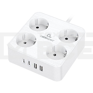Сетевой фильтр Cablexpert Plate, PLT-4-C2U2-W-2, 4р, 10А, 2xType-C PD, 20Вт, 2xUSB, 2.4A, 2м, ур.защиты 4+, белый, коробка