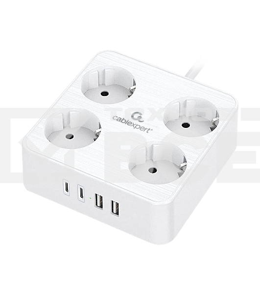 Сетевой фильтр Cablexpert Plate, PLT-4-C2U2-W-2, 4р, 10А, 2xType-C PD, 20Вт, 2xUSB, 2.4A, 2м, ур.защиты 4+, белый, коробка