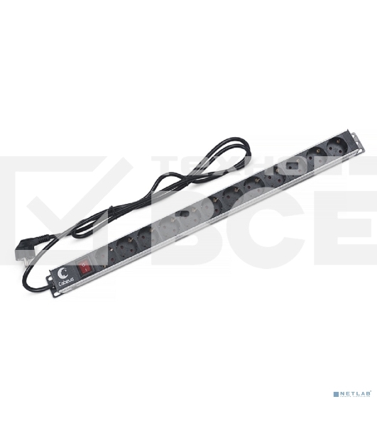 Блок силовых розеток Cabeus, Shuko х 12, вход Schuko, для шкафов, шнур 2 м, 50х490х50 мм (ВхШхГ), 16А, выключатель, черный