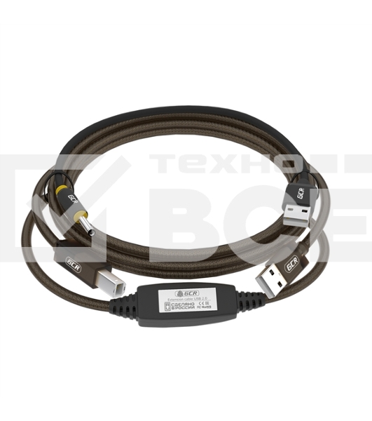 Кабель активный GCR 5.0m USB 2.0, AM/BM, черно-прозрачный, с усилителем сигнала, разъем для доп.питания, 28/24 AWG