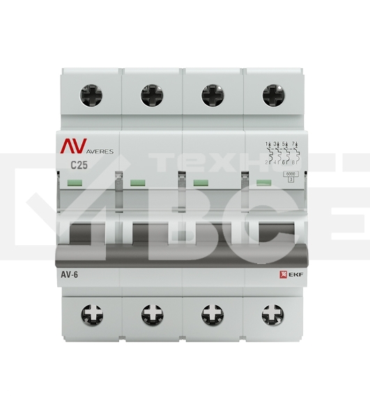 Выключатель автоматический модульный 4п C 25А 6кА AV-6 AVERES EKF mcb6-4-25C-av