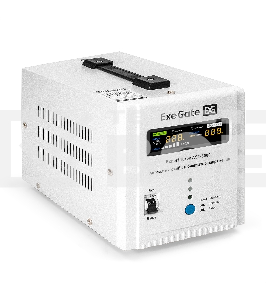 Стабилизатор напряжения ExeGate Expert Turbo AST-5000 (5000ВА, вход 80-260В, цветной дисплей, выход 220В±8%, КПД 98%, 5 уровней защиты, метал. корпус, 2*Schuko+клем.колодка, RTL)