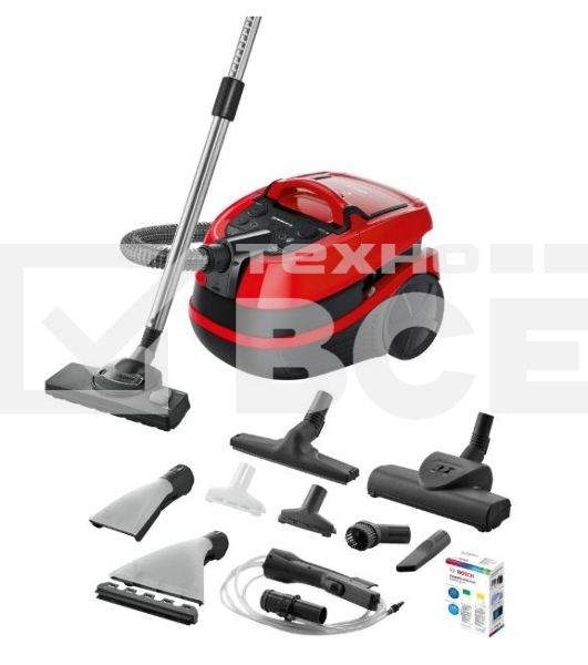 Пылесос Bosch BWD421PET красный, 2100 Вт, уборка влажная/сухая, пылесборник контейнер 5 л