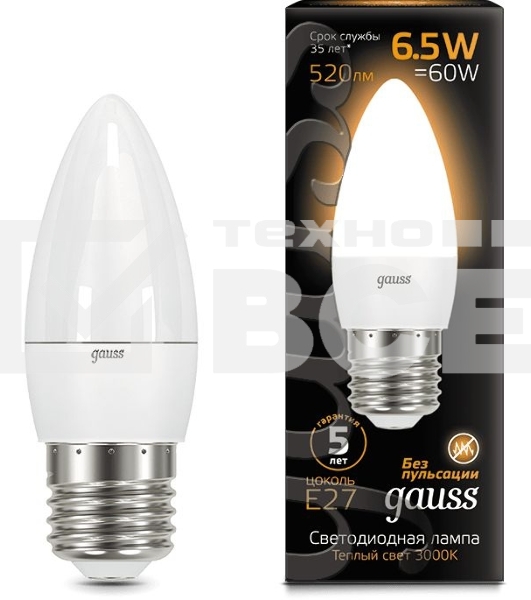 Лампа светодиодная Gauss 7Вт цок.:E27 свеча 220B 3000K св.свеч.бел.теп. (упак.:10шт) (103102107)