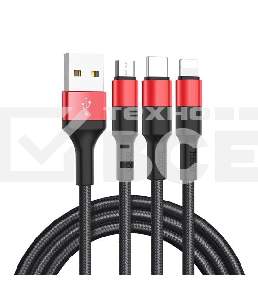 Кабель HOCO USB X26 Xpress 3 в 1 для Lightning, Micro USB, Type-C, 2.0A, 1 м, черный с красным