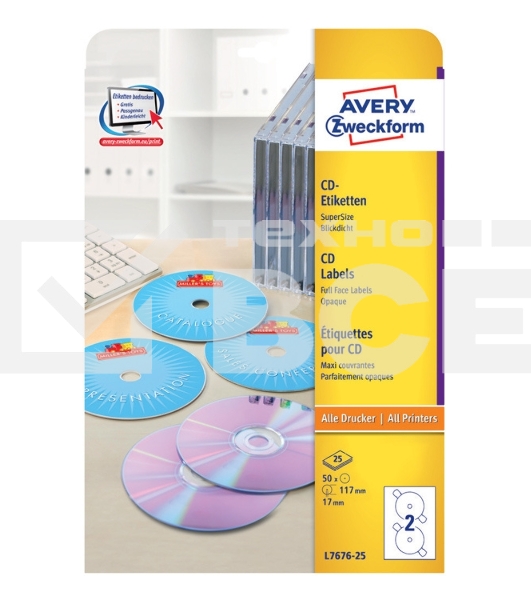 Этикетки самоклеящиеся Avery Zweckform CD/DVD L7676-25 A4, 196 г/м2, 50 л, покрытие супер глянец, белый