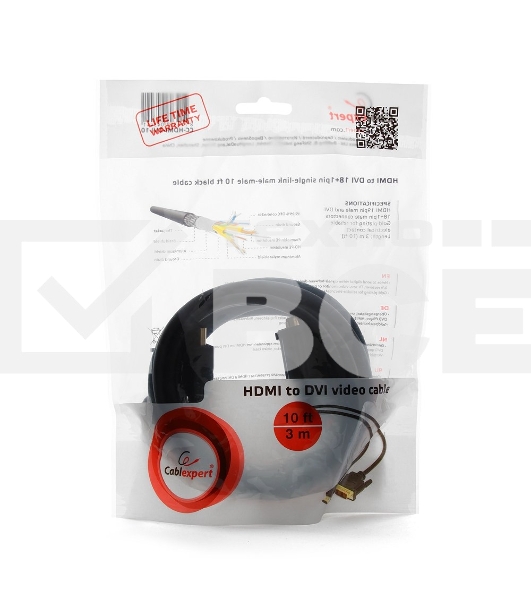 Кабель HDMI-DVI Cablexpert CC-HDMI-DVI-10, 19M/19M, single link, медь, позол.разъемы, экран, 3.0м, черный, пакет