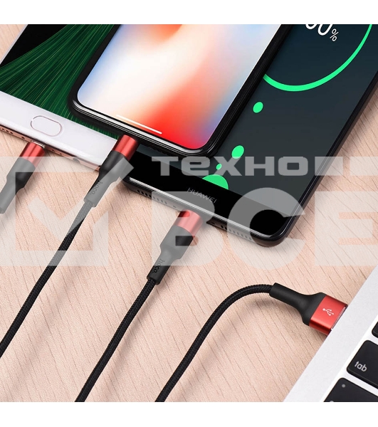 Кабель HOCO USB X26 Xpress 3 в 1 для Lightning, Micro USB, Type-C, 2.0A, 1 м, черный с красным