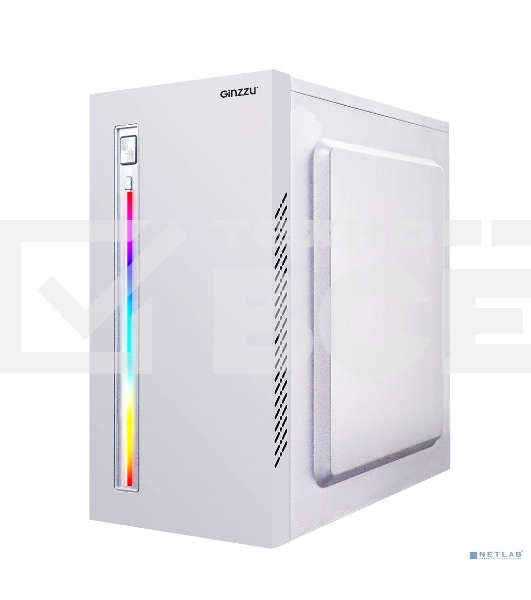 Компьютерный корпус MiniTower Ginzzu D380, RGB, mATX, 2xUSB2.0, белый,без БП, без вентиляторов