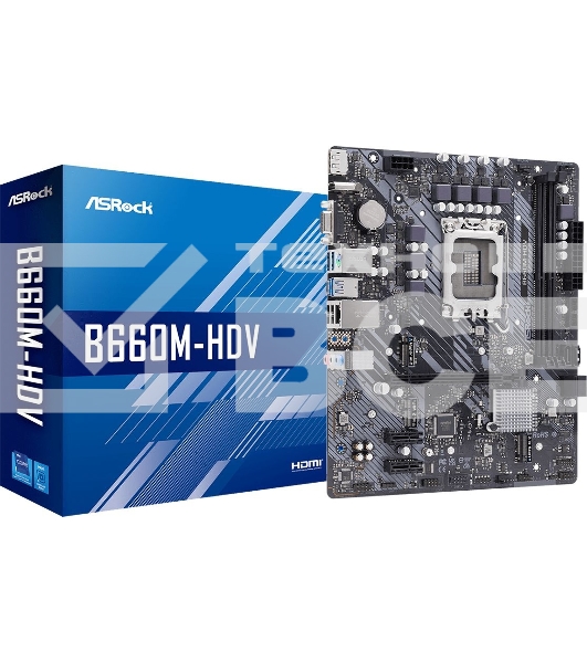 Материнская плата ASRock B660M-HDV, LGA 1700, Intel B660, 2xDDR4, 4xSATA, 2xM.2, 1xPCI-E 4.0 x16, 1xHDMI, 1xDP, 1xVGA, 1x 1Gb LAN, 2xUSB-A 2.0, 3xUSB-A 3.2 Gen 1, 1xUSB-C 3.2 Gen 1, 3x3.5 мм, 7.1, Micro-ATX