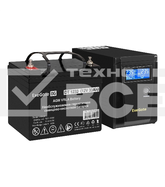 Комплект ИБП EX295986RUS + батарея 33Aч EX282974RUS 1шт (инвертор, синус, для котла) ExeGate SineTower SZ-600.LCD.AVR.1SH <600VA/360W, чистый синусоида, LCD дисплей, AVR, 1*Schuko, линейно-интерактивный, Black> + батарея ExeGate DT 1233 (12В, 33Ач) 1шт
